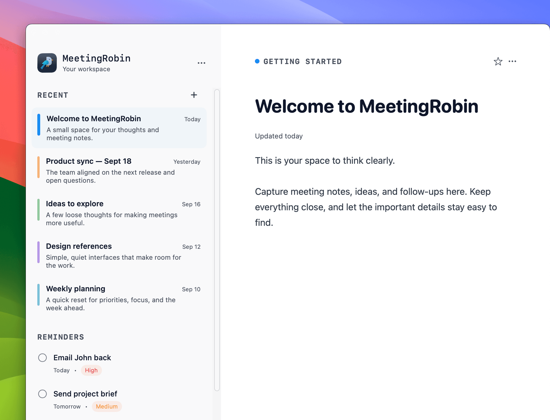 MeetingRobin workspace showing meeting notes